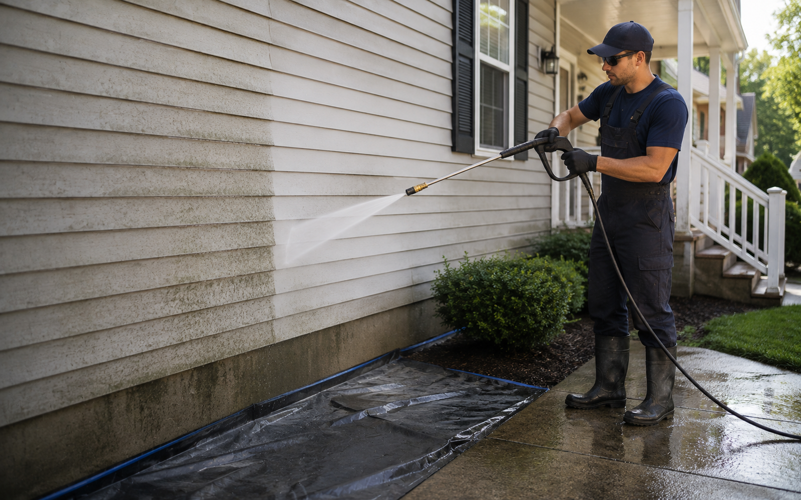 Exterior home surface preparation with pressure washing equipment, containment awareness, and clean water flow, no logos or text.