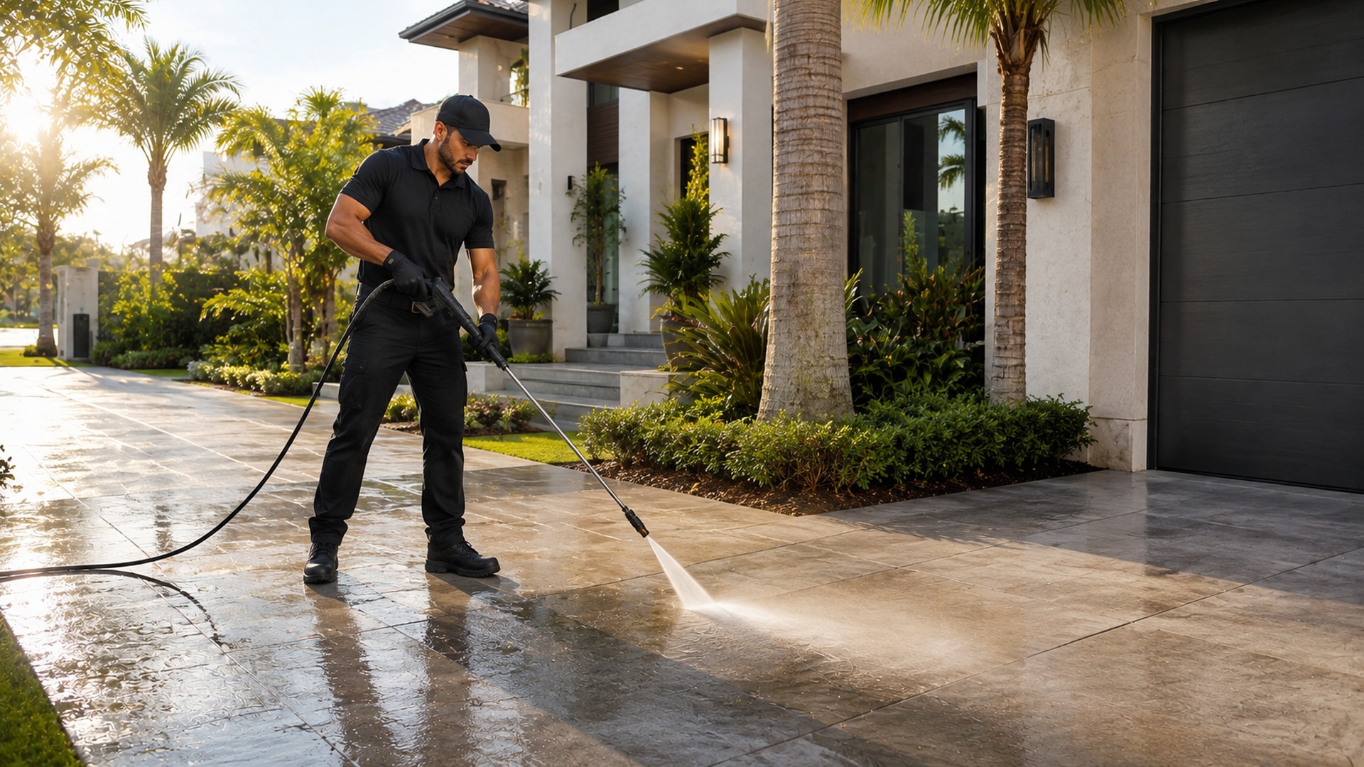Pressure washing service cleaning a South Florida driveway